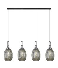 Urasawa Linear 4 Light Pendant With 20cm Almond Ribbed Glass, Polished Nickel/Matt Black Smoked