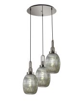 Urasawa 55cm Round 3 Light Pendant With 20cm Almond Ribbed Glass, Polished Nickel/Matt Black Smoked