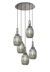 Urasawa 65cm Round 5 Light Pendant With 20cm Almond Ribbed Glass, Polished Nickel/Matt Black Smoked