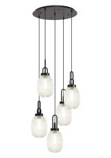 Urasawa 65cm Round 5 Light Pendant With 20cm Almond Ribbed Glass, Matt Black/Matt Black Champagne