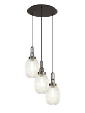 Urasawa 55cm Round 3 Light Pendant With 20cm Almond Ribbed Glass, Antique Silver/Matt Black Champagne