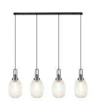 Urasawa Linear 4 Light Pendant With 20cm Almond Ribbed Glass, Black Chrome/Matt Black Champagne