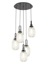 Urasawa 65cm Round 5 Light Pendant With 20cm Almond Ribbed Glass, Black Chrome/Matt Black Champagne
