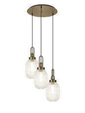 Urasawa 55cm Round 3 Light Pendant With 20cm Almond Ribbed Glass, Brass Gold/Matt Black Champagne