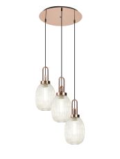 Urasawa 55cm Round 3 Light Pendant With 20cm Almond Ribbed Glass, Copper/Matt Black Champagne