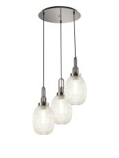 Urasawa 55cm Round 3 Light Pendant With 20cm Almond Ribbed Glass, Polished Nickel/Matt Black Champagne