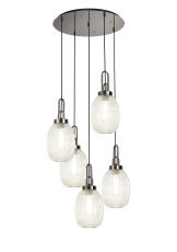 Urasawa 65cm Round 5 Light Pendant With 20cm Almond Ribbed Glass, Polished Nickel/Matt Black Champagne