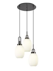 Urasawa 55cm Round 3 Light Pendant With 20cm Almond Ribbed Glass, Black Chrome/Matt Black Opal