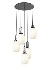 Urasawa 65cm Round 5 Light Pendant With 20cm Almond Ribbed Glass, Black Chrome/Matt Black Opal