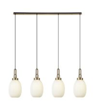 Urasawa Linear 4 Light Pendant With 20cm Almond Ribbed Glass, Brass Gold/Matt Black Opal