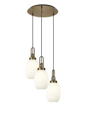 Urasawa Round 3 Light Pendant With 20cm Almond Ribbed Glass, Brass Gold/Matt Black Opal