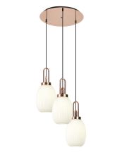 Urasawa 55cm Round 3 Light Pendant With 20cm Almond Ribbed Glass, Copper/Matt Black Opal