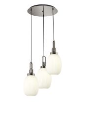 Urasawa 55cm Round 3 Light Pendant With 20cm Almond Ribbed Glass, Polished Nickel/Matt Black Opal