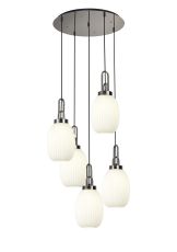 Urasawa 65cm Round 5 Light Pendant With 20cm Almond Ribbed Glass, Polished Nickel/Matt Black Opal