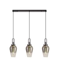 Urasawa Linear 3 Light Pendant E27 With 23cm Pear Glass, Smoked/Clear Black Chrome/Matt Black