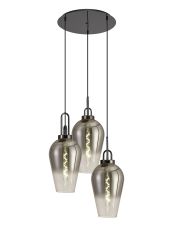 Urasawa Round 3 Light Pendant With 23cm Pear Glass, Black Chrome/Matt Black Smoked/Clear