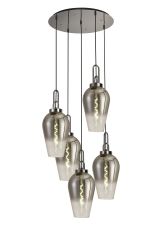 Urasawa Round 5 Light Pendant With 23cm Pear Glass, Polished Nickel/Matt Black Smoked/Clear