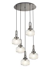 Urasawa 55cm 2.5m Round Pendant, 5 x E27, Polished Nickel/Matt Black With 20cm Pumpkin Shaped Ribbed Clear Glass