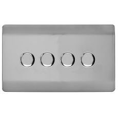 Brushed Steel & Chrome Screwless 4 Gang 2 Way 100W LED Dimmer Switch, (35mm Back Box Req.), 10yrs Warranty