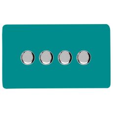 Bright Teal & Chrome Screwless 4 Gang 2 Way 100W LED Dimmer Switch, (35mm Back Box Req.), 10yrs Warranty