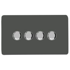 Charcoal & Chrome Screwless 4 Gang 2 Way 100W LED Dimmer Switch, (35mm Back Box Req.), 10yrs Warranty