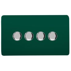 Dark Green & Chrome Screwless 4 Gang 2 Way 100W LED Dimmer Switch, (35mm Back Box Req.), 10yrs Warranty
