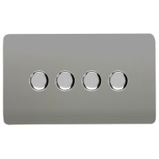 Light Grey & Chrome Screwless 4 Gang 2 Way 100W LED Dimmer Switch, (35mm Back Box Req.), 10yrs Warranty