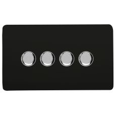 Matt Black & Chrome Screwless 4 Gang 2 Way 100W LED Dimmer Switch, (35mm Back Box Req.), 10yrs Warranty