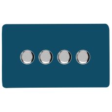 Midnight Blue & Chrome Screwless 4 Gang 2 Way 100W LED Dimmer Switch, (35mm Back Box Req.), 10yrs Warranty