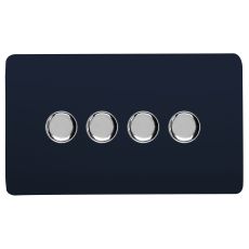 Navy Blue & Chrome Screwless 4 Gang 2 Way 100W LED Dimmer Switch, (35mm Back Box Req.), 10yrs Warranty