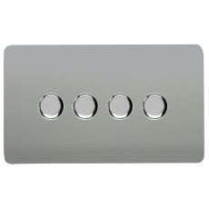 Platinum Silver & Chrome Screwless 4 Gang 2 Way 100W LED Dimmer Switch, (35mm Back Box Req.), 10yrs Warranty