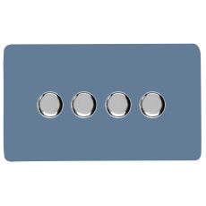 Sky Blue & Chrome Screwless 4 Gang 2 Way 100W LED Dimmer Switch, (35mm Back Box Req.), 10yrs Warranty