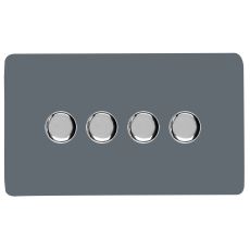 Warm Grey & Chrome Screwless 4 Gang 2 Way 100W LED Dimmer Switch, (35mm Back Box Req.), 10yrs Warranty