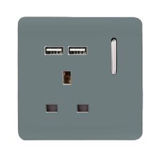 Trendi, Artistic Modern 1 Gang 13Amp Switched Socket WIth 2 x USB Ports Cool Grey Finish, BRITISH MADE, (35mm Back Box Required), 5yrs Warranty