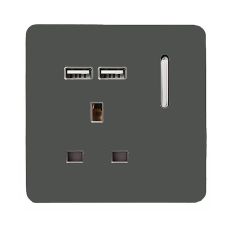 Trendi, Artistic Modern 1 Gang 13Amp Switched Socket WIth 2 x USB Ports Charcoal Finish, BRITISH MADE, (35mm Back Box Required), 5yrs Warranty
