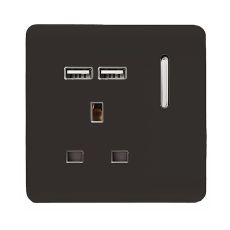 Trendi, Artistic Modern 1 Gang 13Amp Switched Socket WIth 2 x USB Ports Dark Brown Finish, BRITISH MADE, (35mm Back Box Required), 5yrs Warranty