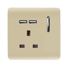Trendi, Artistic Modern 1 Gang 13Amp Switched Socket WIth 2 x USB Ports Champagne Gold Finish, BRITISH MADE, (35mm Back Box Required), 5yrs Warranty