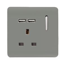 Trendi, Artistic Modern 1 Gang 13Amp Switched Socket WIth 2 x USB Ports Light Grey Finish, BRITISH MADE, (35mm Back Box Required), 5yrs Warranty