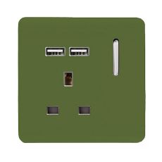 Trendi, Artistic Modern 1 Gang 13Amp Switched Socket WIth 2 x USB Ports Moss Green Finish, BRITISH MADE, (35mm Back Box Required), 5yrs Warranty