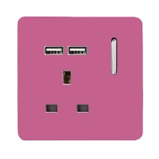 Trendi, Artistic Modern 1 Gang 13Amp Switched Socket WIth 2 x USB Ports Pink Finish, BRITISH MADE, (35mm Back Box Required), 5yrs Warranty