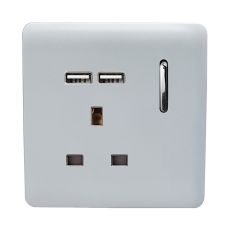 Trendi, Artistic Modern 1 Gang 13Amp Switched Socket WIth 2 x USB Ports Silver Finish, BRITISH MADE, (35mm Back Box Required), 5yrs Warranty