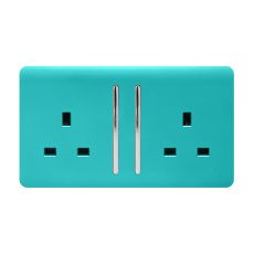 Trendi, Artistic Modern 2 Gang 13Amp Long Switched Double Socket Bright Teal Finish, BRITISH MADE, (25mm Back Box Required), 5yrs Warranty