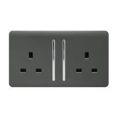 Trendi, Artistic Modern 2 Gang 13Amp Long Switched Double Socket Chrome Rocker Charcoal Finish, BRITISH MADE, (25mm Back Box Required), 5yrs Warranty