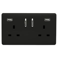 Trendi, Artistic Modern 2 Gang 13Amp Short S/W Double Socket With 2x2.1Mah USB Gloss Black Finish, BRITISH MADE, (35mm Back Box Required) 5yrs Wrnty