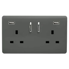 Trendi, Artistic 2 Gang 13Amp Short S/W Double Socket With 2x2.1Mah USB Charcoal Finish, BRITISH MADE, (35mm Back Box Required), 5yrs Warranty