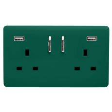 Trendi, Artistic 2 Gang 13Amp Short S/W Double Socket With 2x2.1Mah USB Dark Green Finish, BRITISH MADE, (35mm Back Box Required), 5yrs Warranty