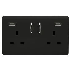 Trendi, Artistic Modern 2 Gang 13Amp Short S/W Double Socket With 2x2.1Mah USB Matt Black Finish, BRITISH MADE, (35mm Back Box Required) 5yrs Warranty