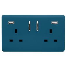 Trendi, Artistic 2 Gang 13Amp Short S/W Double Socket With 2x2.1Mah USB Midnight Blue Finish, BRITISH MADE, (35mm Back Box Required), 5yrs Warranty