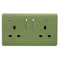 Moss Green Screwless 2 Gang Switched Double Socket 13A With 2 x USB-A 10W (Shared), (35mm Back Box Req.), 10yrs Warranty