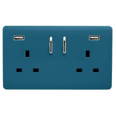 Ocean Blue Screwless 2 Gang Switched Double Socket 13A With 2 x USB-A 10W (Shared), (35mm Back Box Req.), 10yrs Warranty